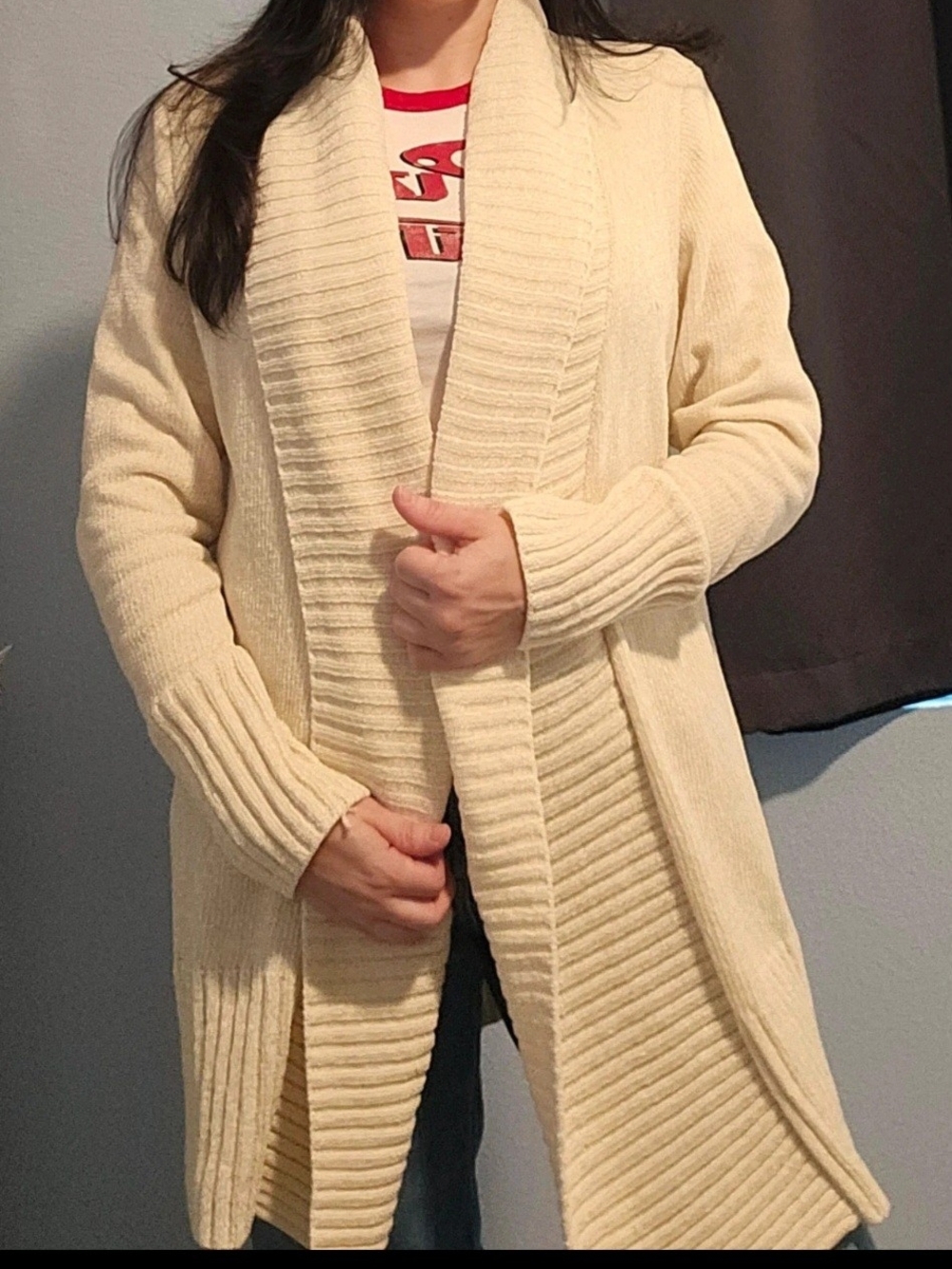 Seven7 Cream Ribbed Shawl-Collar Open Cardigan Sweater